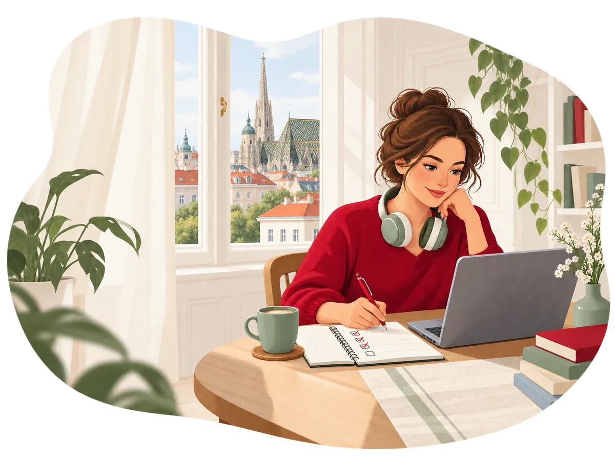Frau lernt Deutsch am Laptop in einer Wiener Altbauwohnung mit Blick auf den Stephansdom